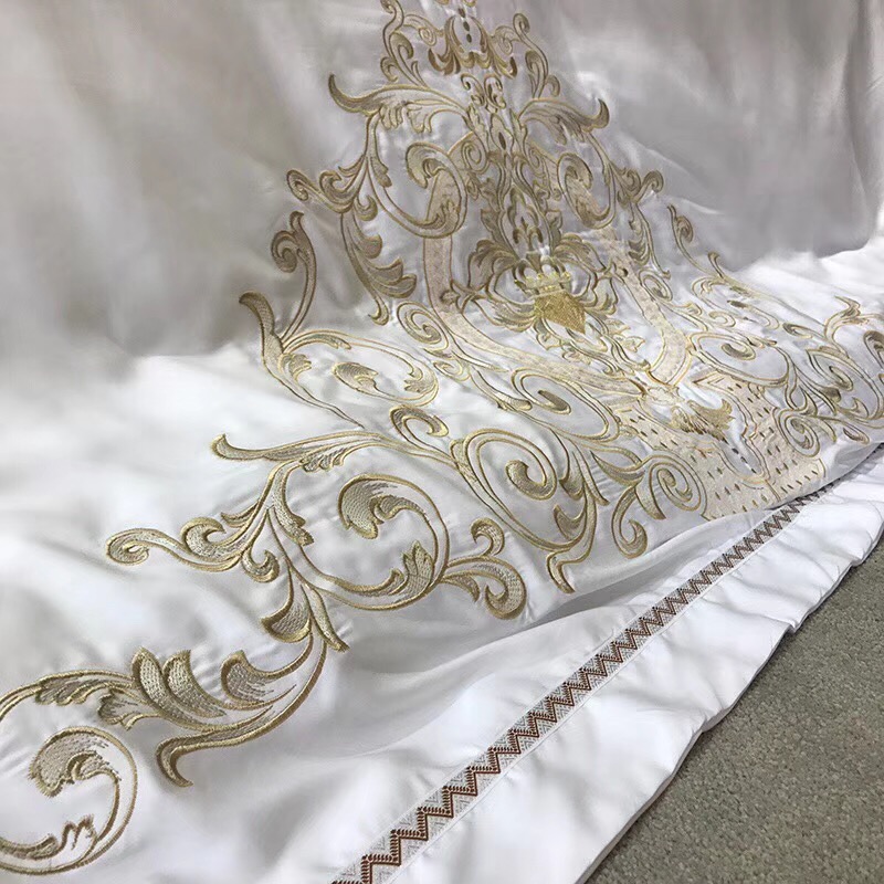 Bedding Sets Gold Silver White Silk Set Queen King Size Bed Oriental Embroidery Duvet Cover Bedsheets Linens