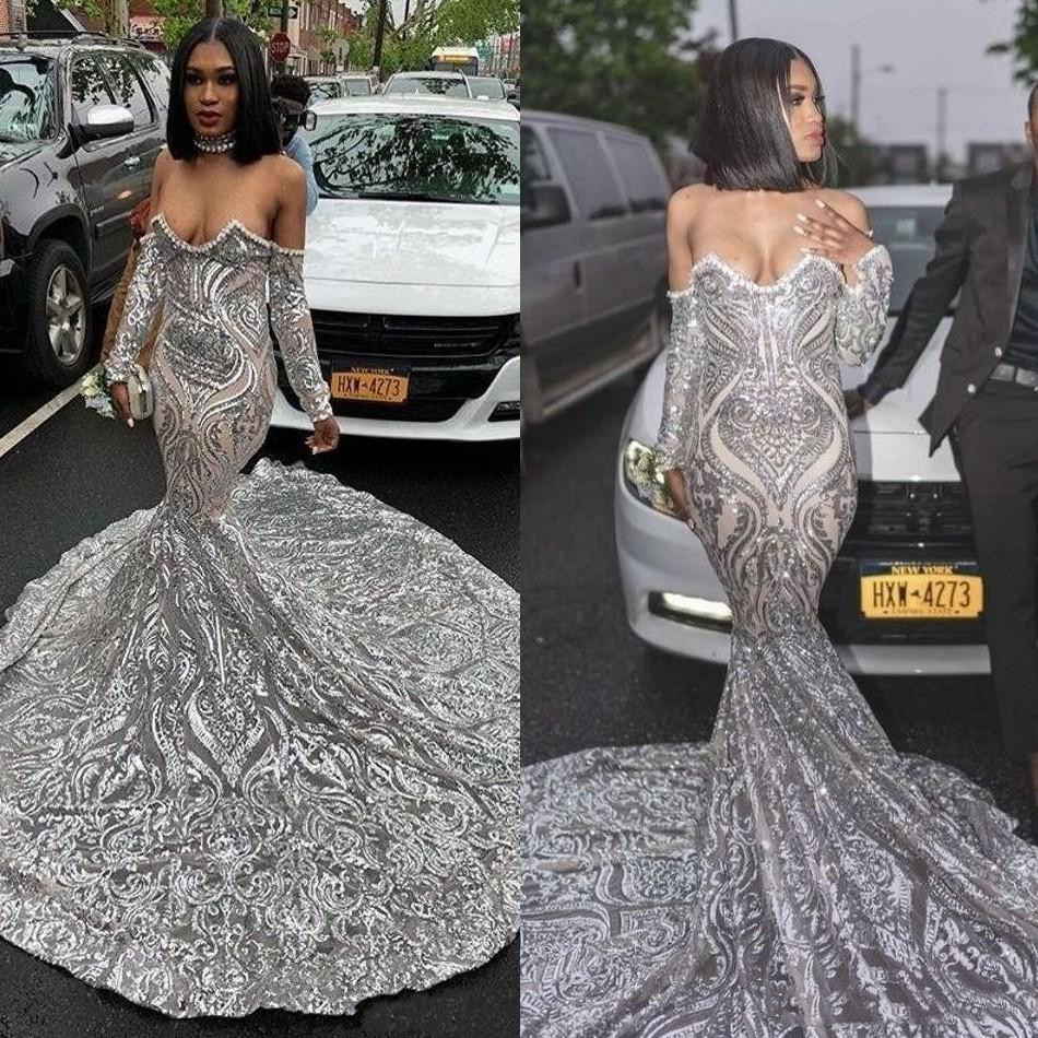 Sliver Mermaid Prom Reflective Dresses 2019 New Long Sleeve Sweep Strain Illusion Sweetheart Formal Evening Dress Party Gowns Custom Made