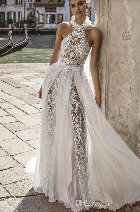 julie vino dresses vestido de novia high neck lace appliques bohemian split sexy wedding dress boho sweep train bridal gowns