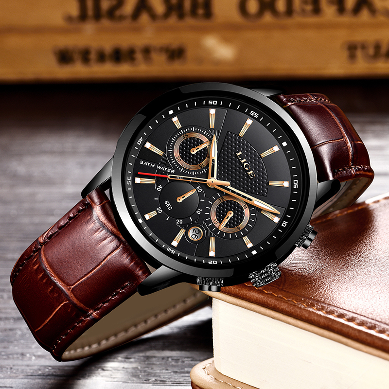 LIGE New Mens Watches Top Brand Luxury Military Sport Watch Men Leather Waterproof Clock Quartz Wristwatch Relogio Masculino+Box CJ191217