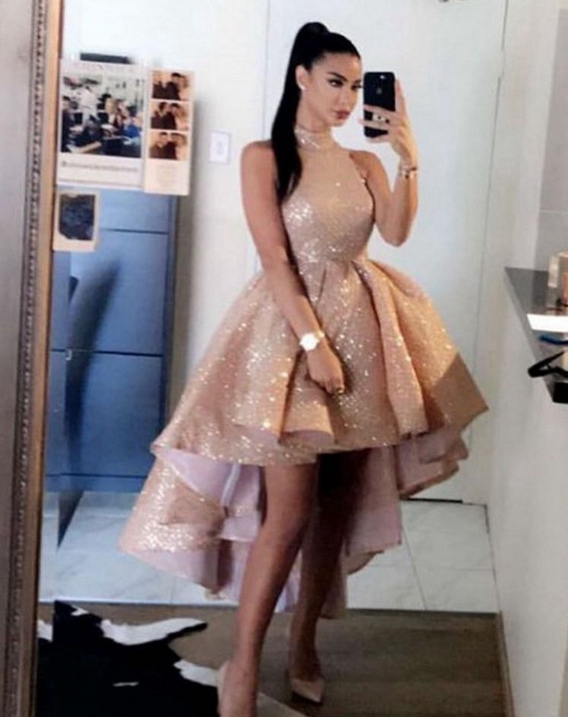 Elegant Rose Gold High Neck Sequins African Prom Dresses 2022 Sexy Short Front Long Back Sleeveless Formal Party Evening Gowns