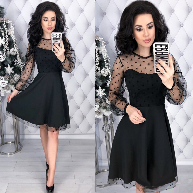 Women Vintage Lace Patchwork A-line Party Dress Long Sleeve O neck Solid Mini Dress 2019 Spring New Fashion Chic Women Dress