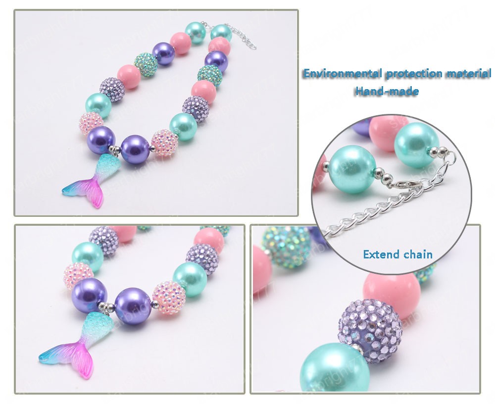 fashion colors girls chunky bubblegum beads necklace with mermaid tail pendant handmade necklace for baby kids best gift