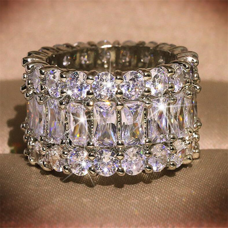Victoria Luxury Jewelry 925 Sterling Silver Princess Cut White Topaz CZ Diamond Gemstones Eternity Women Wedding Engagement Band Ring Gift
