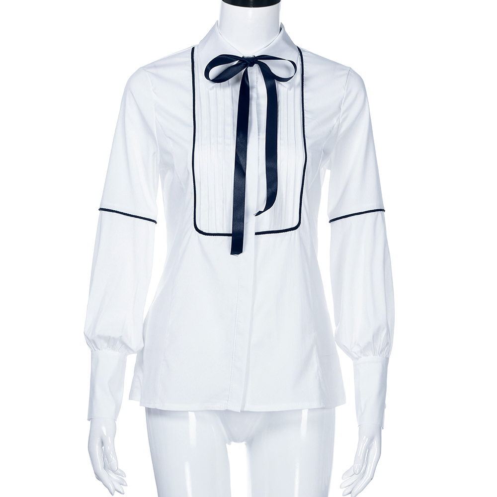 2018 Womens Tops and Blouses Vintage White Bow O Neck Long Sleeve Shirt Fashion Office Lady Clothing Camisa Feminina