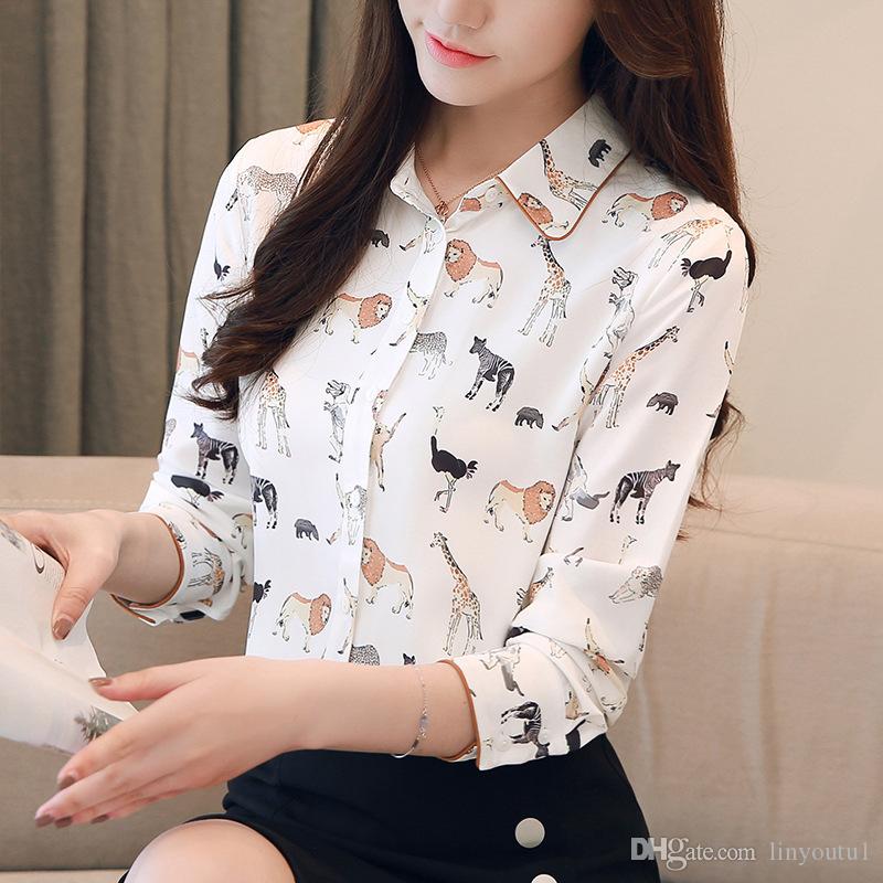 2020 Cute Animals Print Women Blouse New Shirt Top Turn-down Collar Long Sleeve Top S-XXL White Blouse