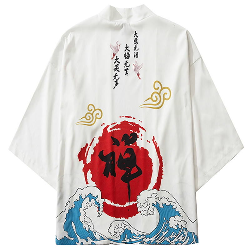 Januarysnow Japanese Kimono Jacket Kanji Chinese Zen Buddhist Harajuku 2020 Hip Hop Men Japan Streetwear Jacket Summer Clothing Loose Kimono