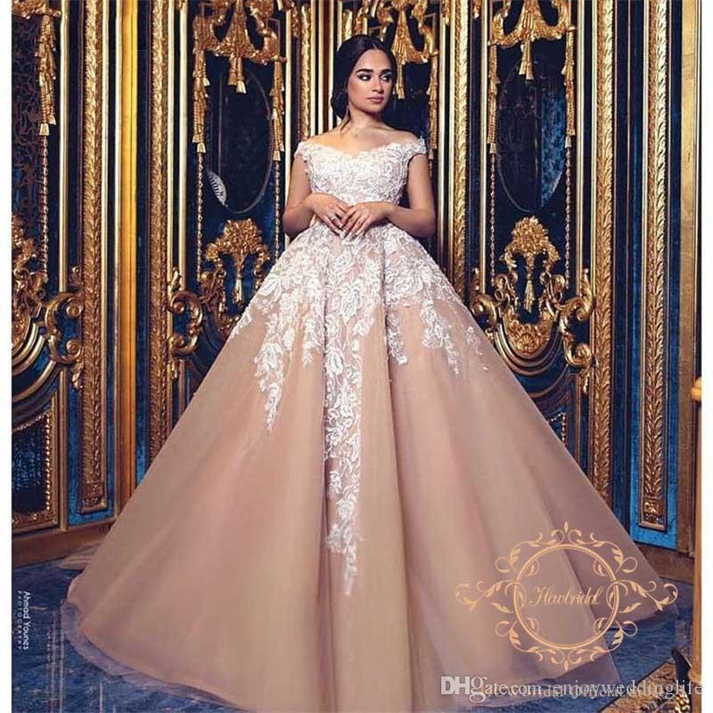 Champagne Plus Size A Line Dresses Off Shoulder Lace Applique Pleats Floor Length Wedding Dress Bridal Gowns Vestidos De Noiva