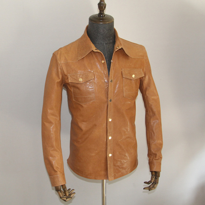 men's genuine 2020 Vegetable tanning freckle sheepskin jacket men slim fit thin leather shirt with pockets, Freckle yellow
men's genuine 2020 Vegetable tanning freckle sheepskin jacket men slim fit thin leather shirt with pockets, Freckle yellow