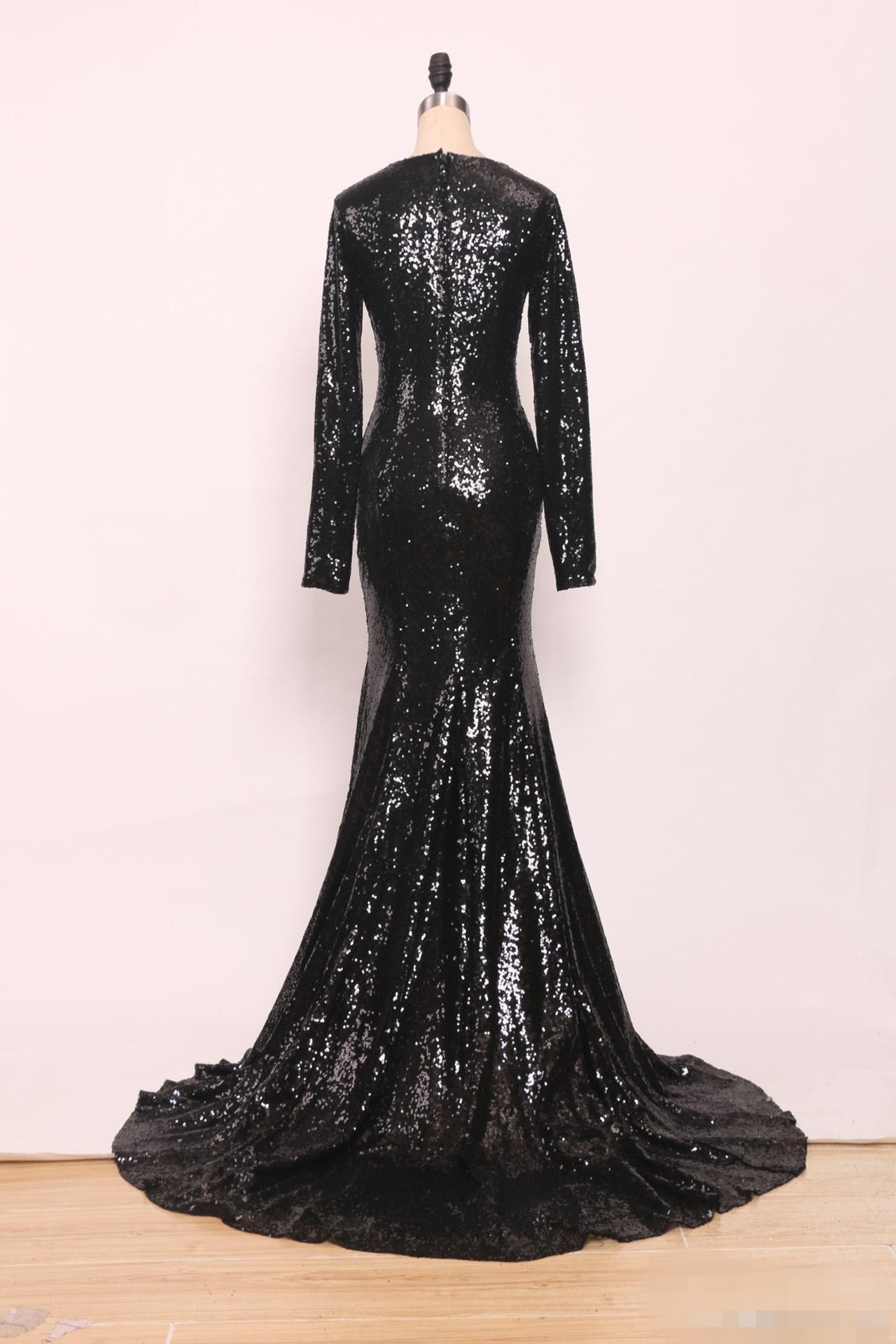 Sexy Deep Lack 2019 V Neck Prom Dree Long Sleeve Sparkly Sequin Sweep Train Formal Ocn Wear Party All Gown 6660311