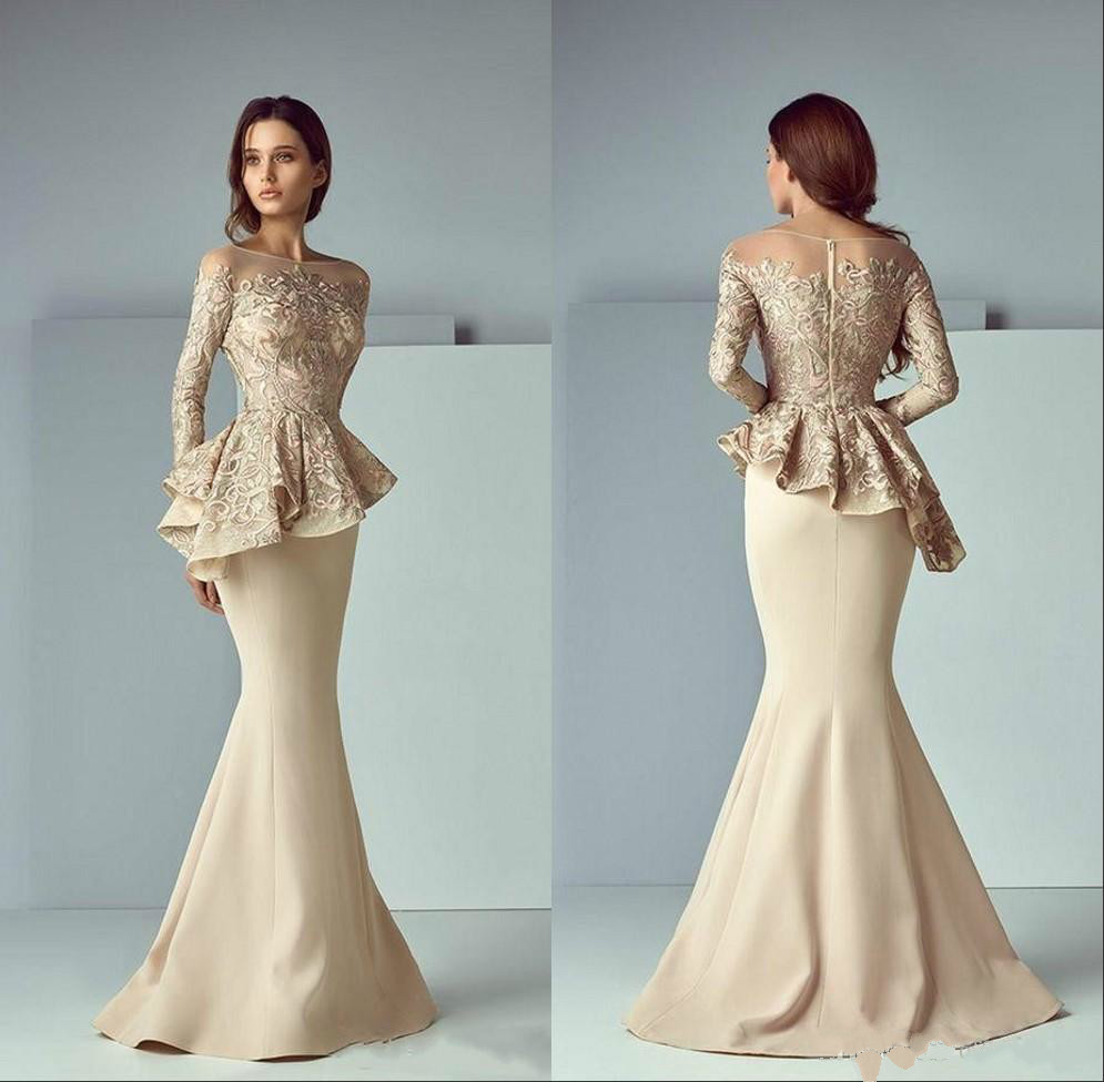 Champagne Lace Stain Peplum Wear Prom Dresses 2020 Sheer Neck Long Sleeve Dubai Arabic Mermaid Long Evening Formal Gowns
Champagne Lace Stain Peplum Wear Prom Dresses 2020 Sheer Neck Long Sleeve Dubai Arabic Mermaid Long Evening Formal Gowns