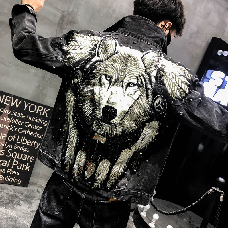 New 2020 Punk Style Novel Wolf Embroidered Rivet Jean Jacket Men Denim Jackets Streetwear Slim Black Jacket for Men, Black y1792
New 2020 Punk Style Novel Wolf Embroidered Rivet Jean Jacket Men Denim Jackets Streetwear Slim Black Jacket for Men, Black y1792