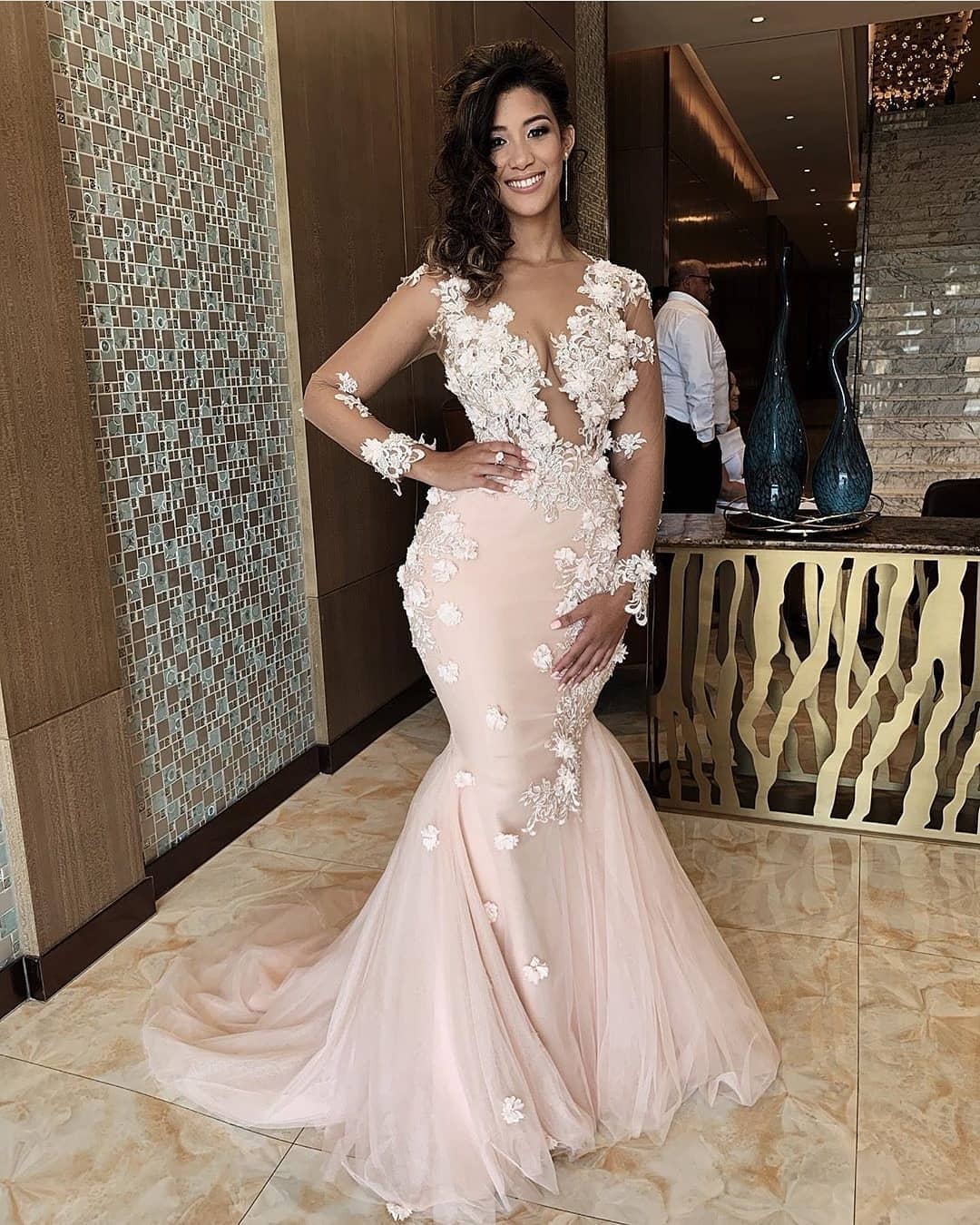aso ebi arabic pink lace beaded bridesmaid dresses mermaid sheer neck guests dresses cheap formal party evening prom gowns zj334