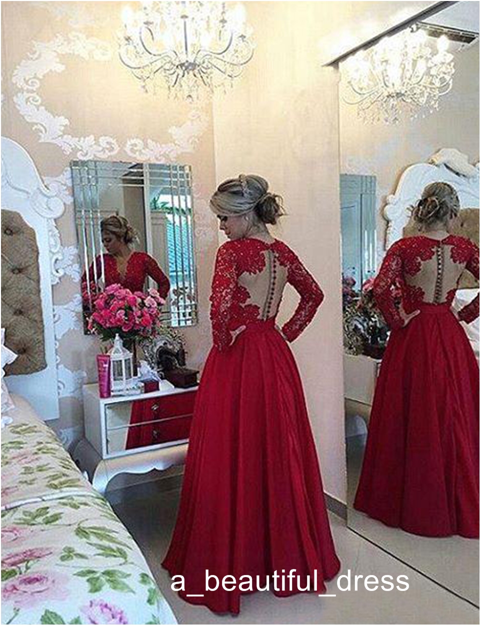 Cheap A-Line Prom Gown Deep V-Neck Full Sleeve Lace Draped bow Red Long Party Evening dress for women Free Shipping ED1216