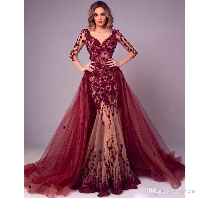 2019 Arabic Burgundy Evening Dresses With Overskirts V Neck Long Sleeves Mermaid Prom Dress Lace Appliqued Floor Length Party Gowns custom
