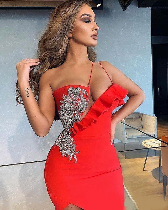 Cheap Sexy Red Sheath Prom Dresses Spaghetti Straps Crystal Beads High Side Split Formal Dress Evening Wear Party Gowns ogstuff