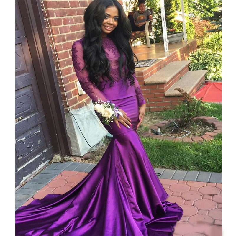 Purple Long Sleeve Mermaid Evening Dresses 2020 Arabic Lace Appliques High Collar Backless Long Prom Gowns Plus Size robes de soirée