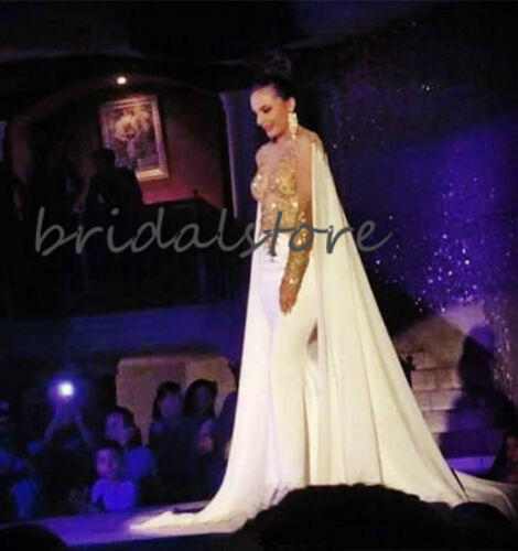 White Mermaid Evening Dresses With Sleeves Dubai Sexy Backless Gold Beaded Prom Party Gowns Elegant Kaftan Arabic Celebrity Evening Skirts