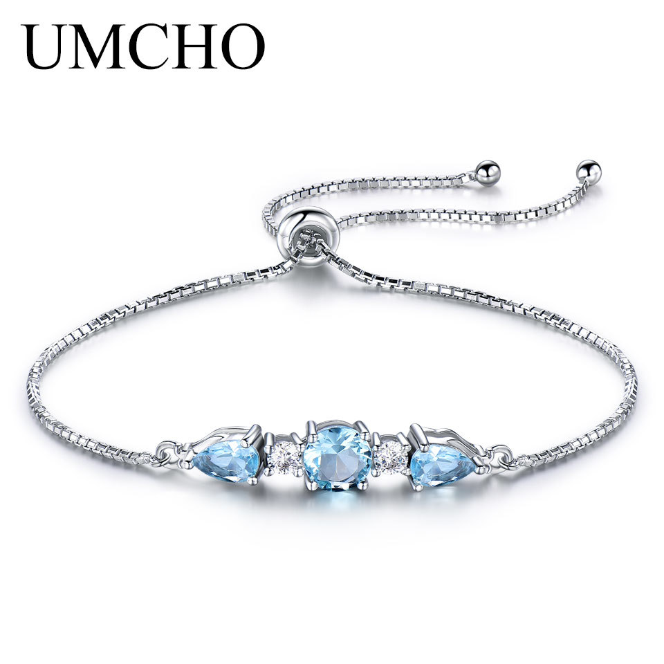 

UMCHO Solid 925 Sterling Silver Bracelets & Bangles For Women Natural Sky Blue Topaz Adjustable Tennis Bracelet Fine Jewelry V191220