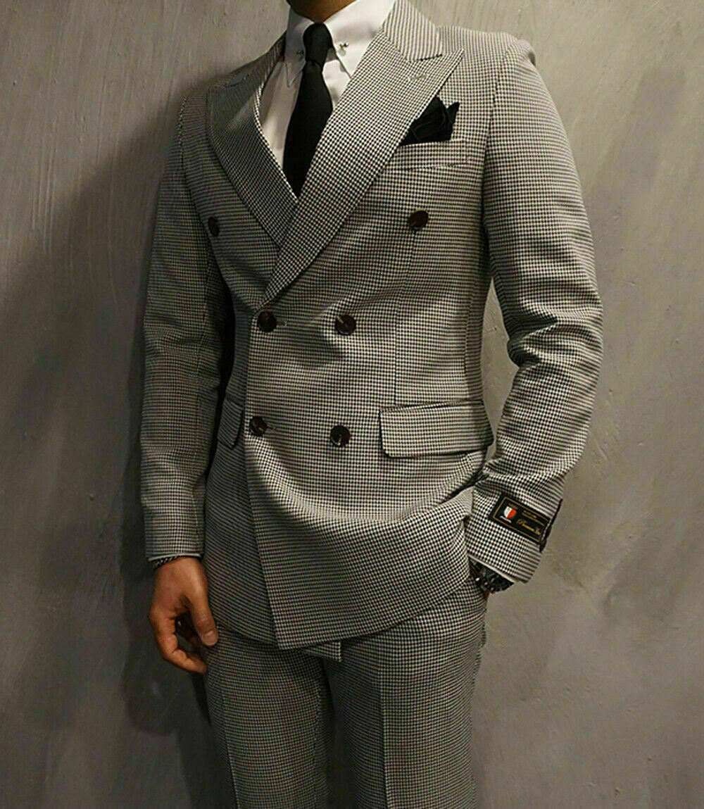 Houndstooth Groom Wear Slim Fit Double Breasted Peaked Lapel Mens Business Formal Prom Tuxedos Best Man Blazer Suit (Jacket+Pants)