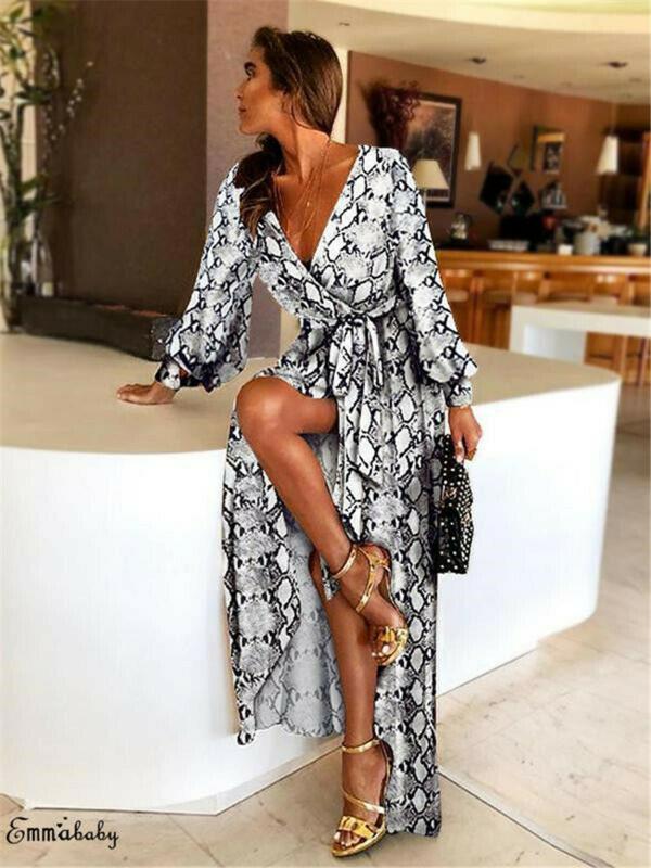 Women's Retro Vintage Boho Long Sleeve Deep V-Neck Letter Loose Print Splited Long Maxi Dresses Every Cocktial Party