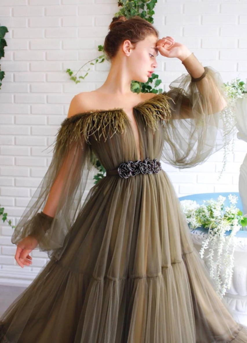 2020 Dark Green Evening Dresses Sheer Jewel Neck Belt A Line Long Sleeve Prom Dress Floor Length Custom Made Specail Robes De Soirée