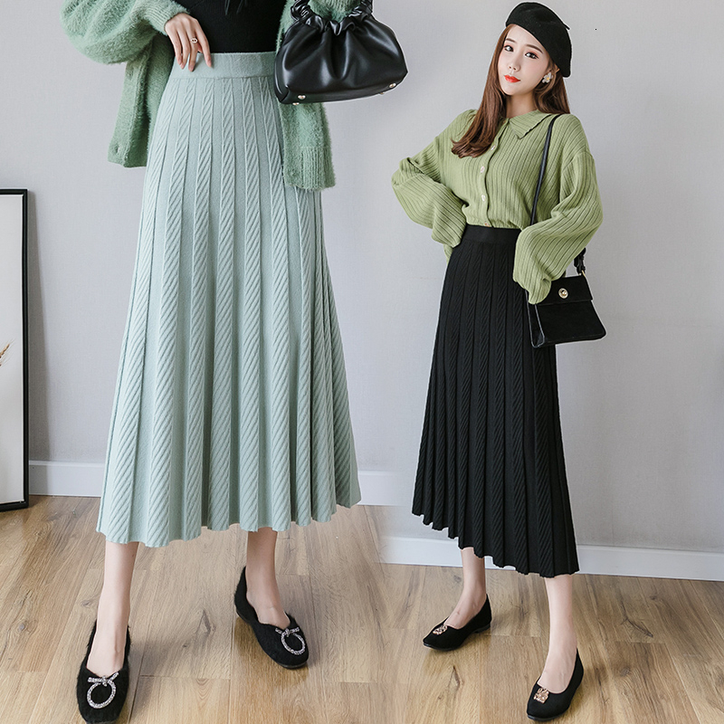 GIGOGOU Thick Warm Women Pleated Autumn Winter Elastic High Waist Knitted Sweater Skirts Long A Line Midi Black Skirt V191111