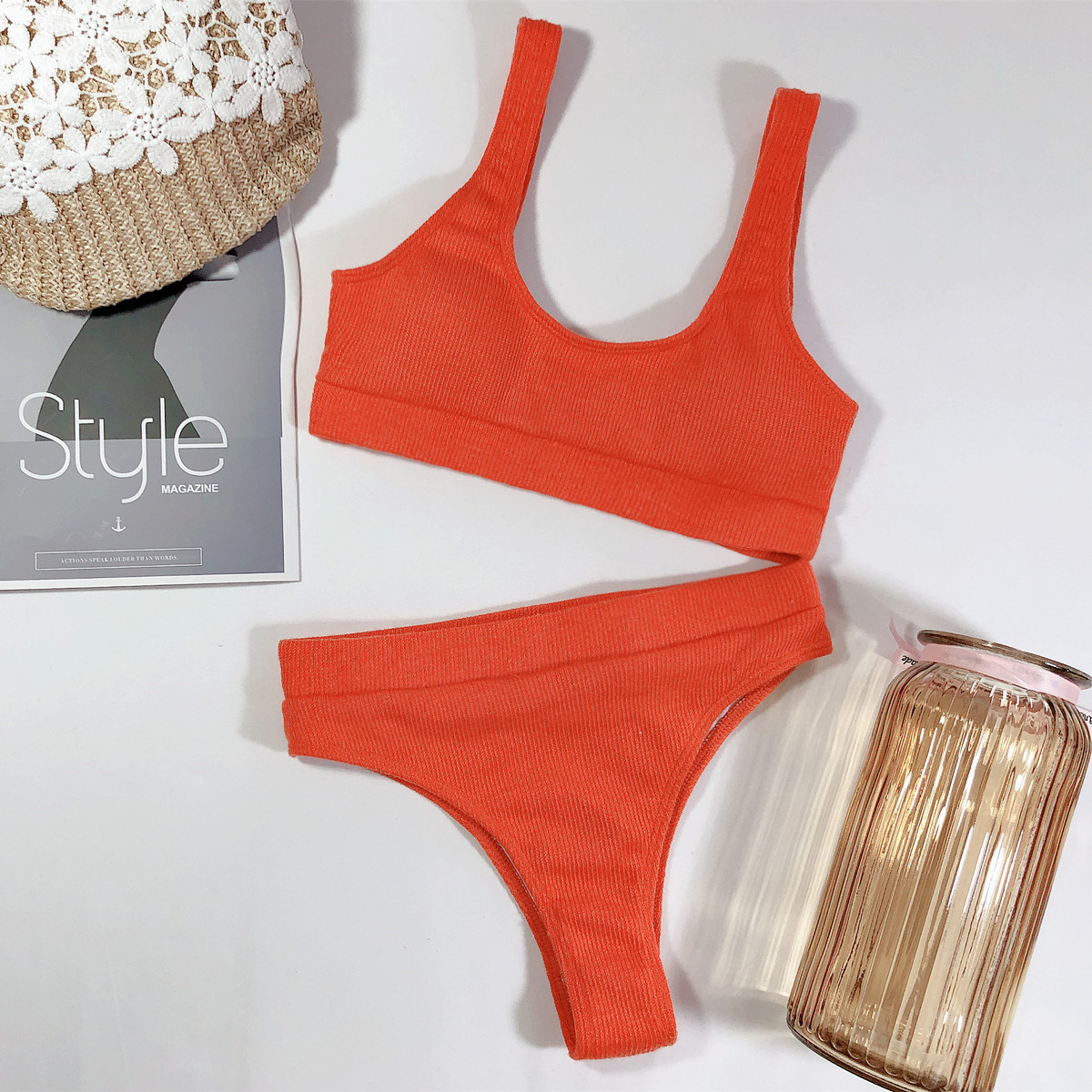 Cropped Top Knitted Swimsuit Two Pieces Bikinis Set 2020 New Summer Swimwear Women Vintage Solid High Waisted Bathing Suits