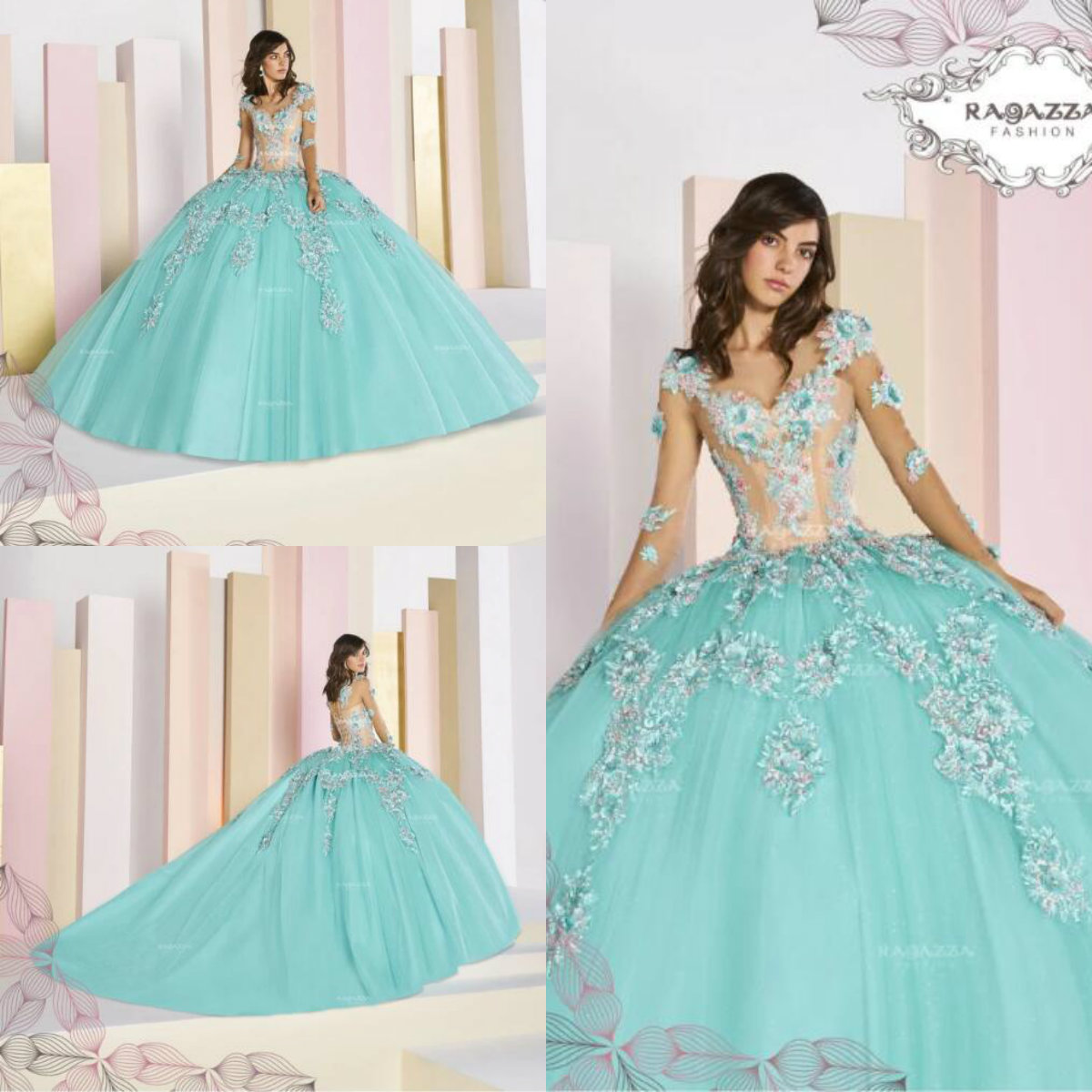 Blue Ball Gown Quinceanera Dresses Jewel Neck Puffy Skirt Embroidery Sweet 15 Dress Tulle Lace Prom Gowns Pageant Dress