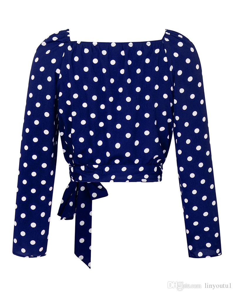 2020 Women Sexy Long Puff Sleeve V-Neck Polka Dot Ruched Blouse Shirt With Belt V-neck wave puff sleeve with belt shirt