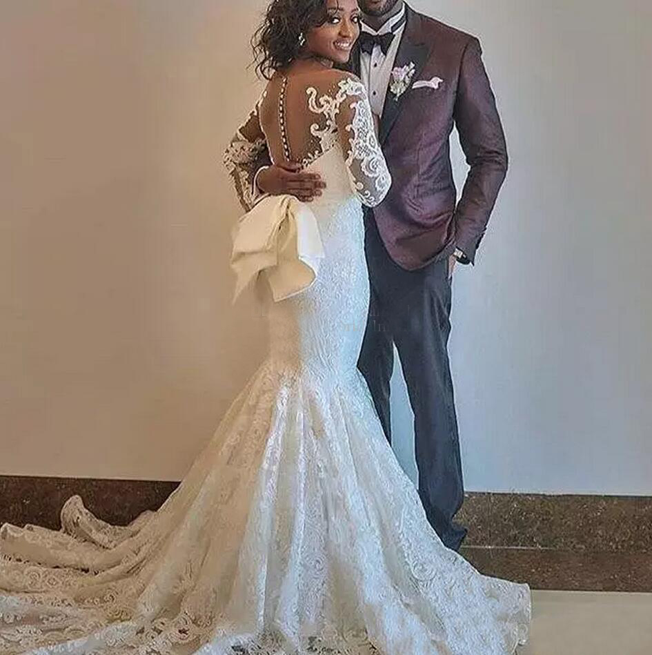 African Mermaid Wedding Dress Long Sleeves With Big Bow Floor Length Long Garden Bridal Gown Plus Size Custom Made