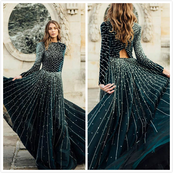 2020 Arabic Aso Ebi Luxurious Dark Green Evening Dresses Beaded Crystals Prom Dresses Long Sleeves Formal Party Second Reception Gowns ZJ222