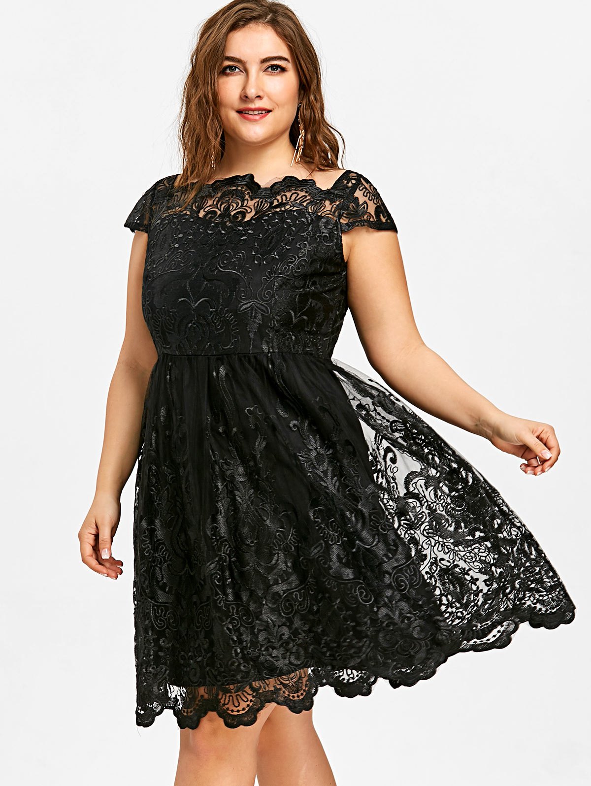 Lace Cheap Black Plus Size Prom Dresses A Line Bateau Neck Evening Gown Knee Length Cap Sleeves Formal Dress