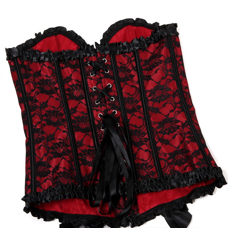 Elegant Women's Lace Overlay Jacquard Frill Lacy Corset Top Sexy Plus Size S-6XL Burlesque Lace-up Overbust Club Dance Party Corset Bustier