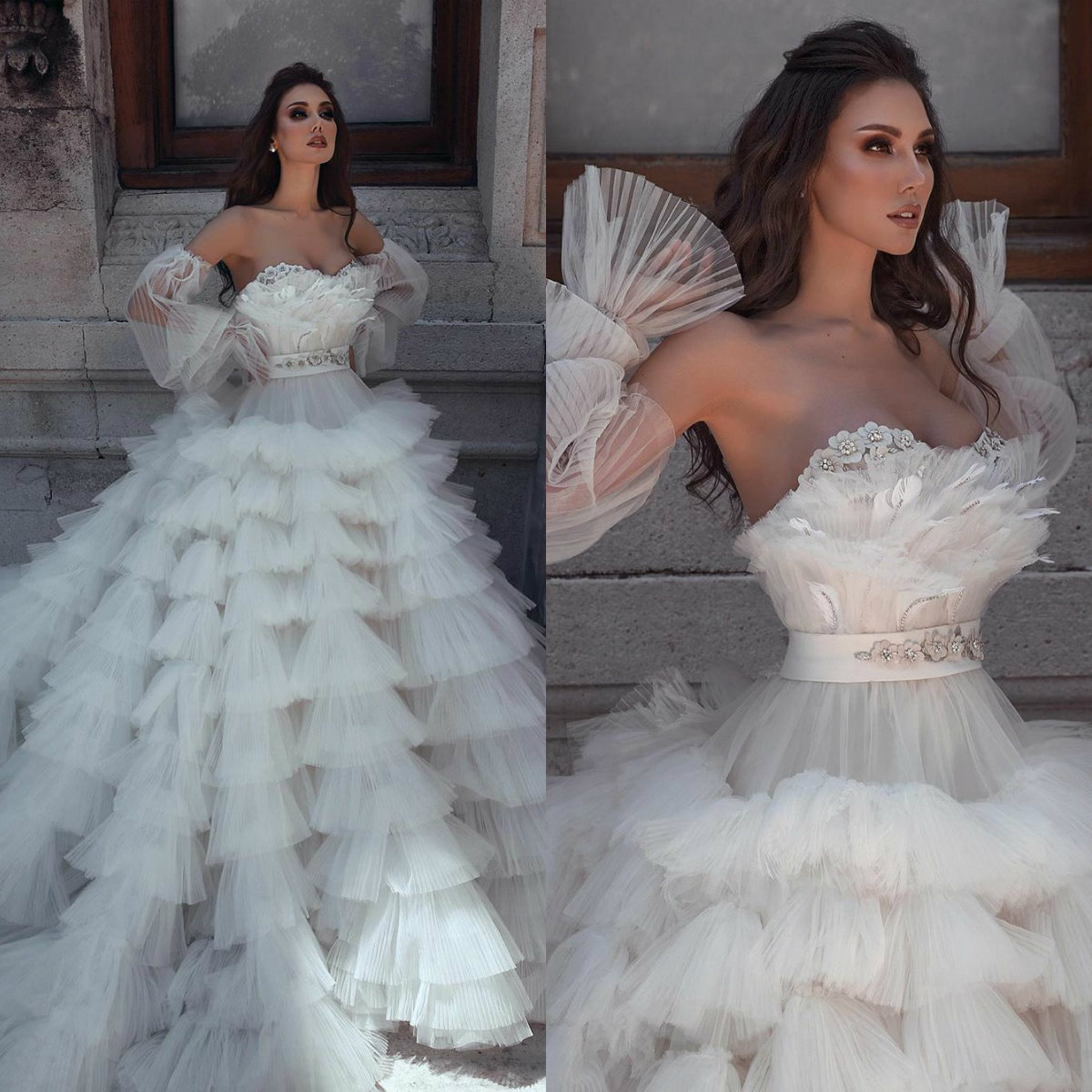sweetheart vintage dresses with tiered skirts courts train sexy beach vestido de novia crystals feather appliqued wedding gowns