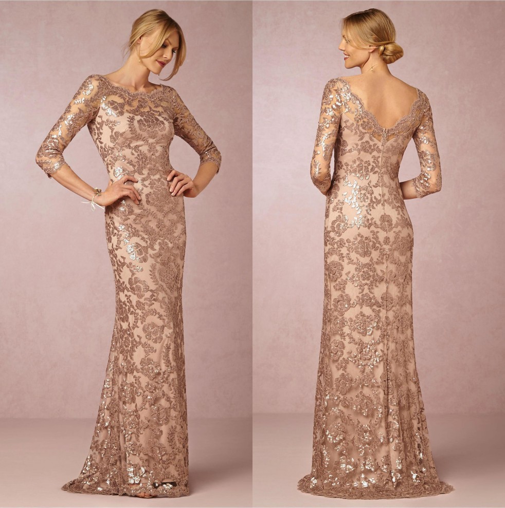 Cheap Rose Gold Mermaid Evening Dresses with Half Sleeves Sequin Long Prom Dresses Elegant Formal Evening Gowns Robe de Soiree BA0528