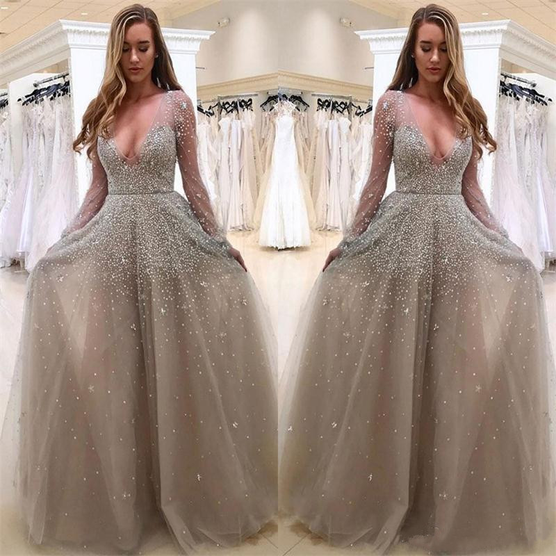 Sparkly Beding Long Sleeve Prom Dresses 2019 New Crystal Sequins V Neck A Line Tulle Evening Dress Formal Gowns Vestido De Festa