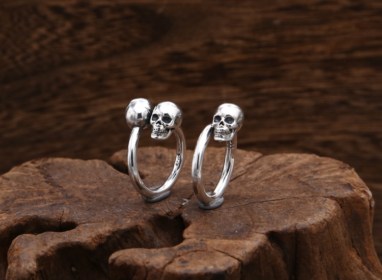 High quality 925 sterling silver fashion jewelry vintage style designer punk personalized one skull head and two skull head rings