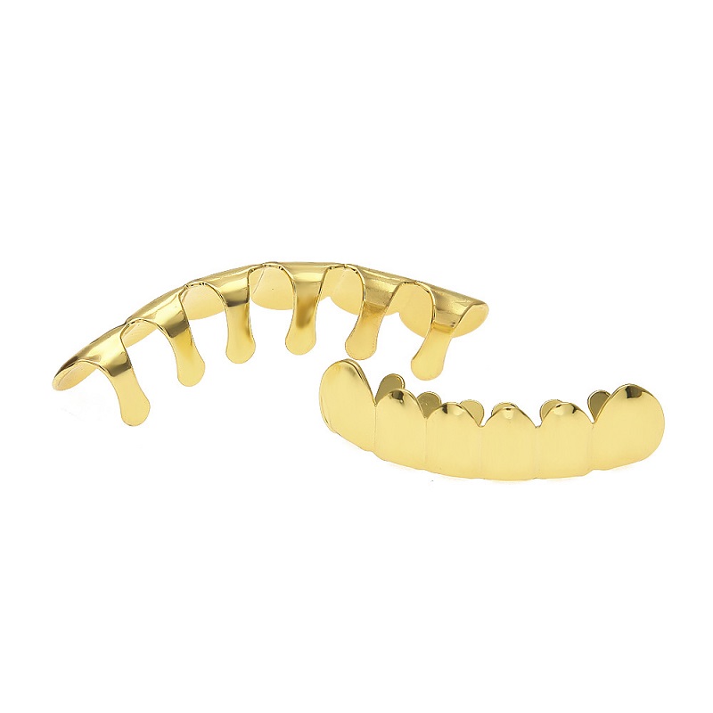 Mens Gold Plated Top and Bottom Teeth Grillz Set GoldenTeeth Grills Hip Hop Jewelry