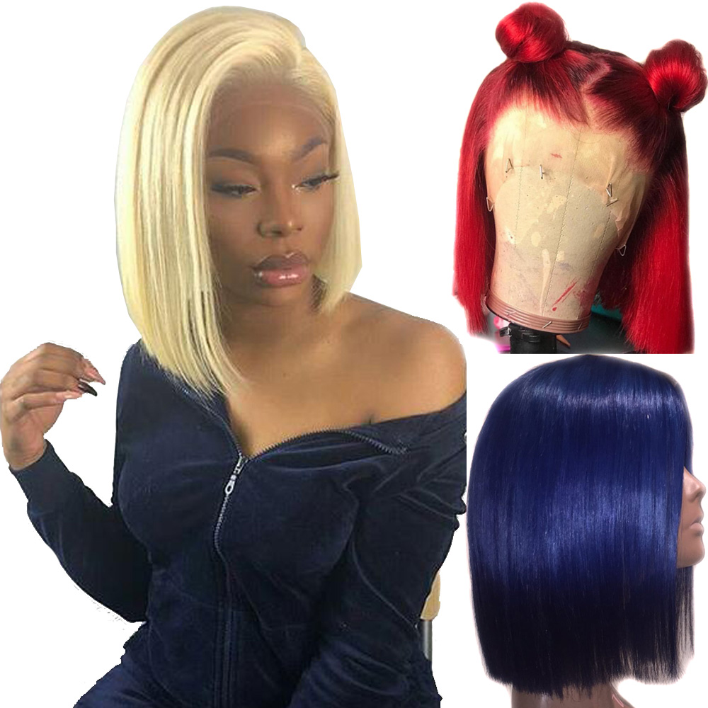613 Blonde 13x6 Lace Front Wig Blue Colored Remy Red Human Hair Full Ends Transparent Frontal Closure Swiss Lace Short Bob Wigs, Black
613 Blonde 13x6 Lace Front Wig Blue Colored Remy Red Human Hair Full Ends Transparent Frontal Closure Swiss Lace Short Bob Wigs, Black