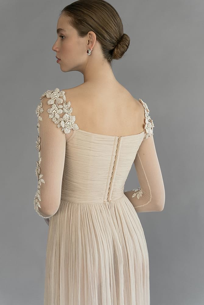 Newest A Line Chana Marelus Wedding Dresses Long Sleeve Tulle Lace Hand Made Flower Ruched Wedding Gowns Floor Length robe de mariée