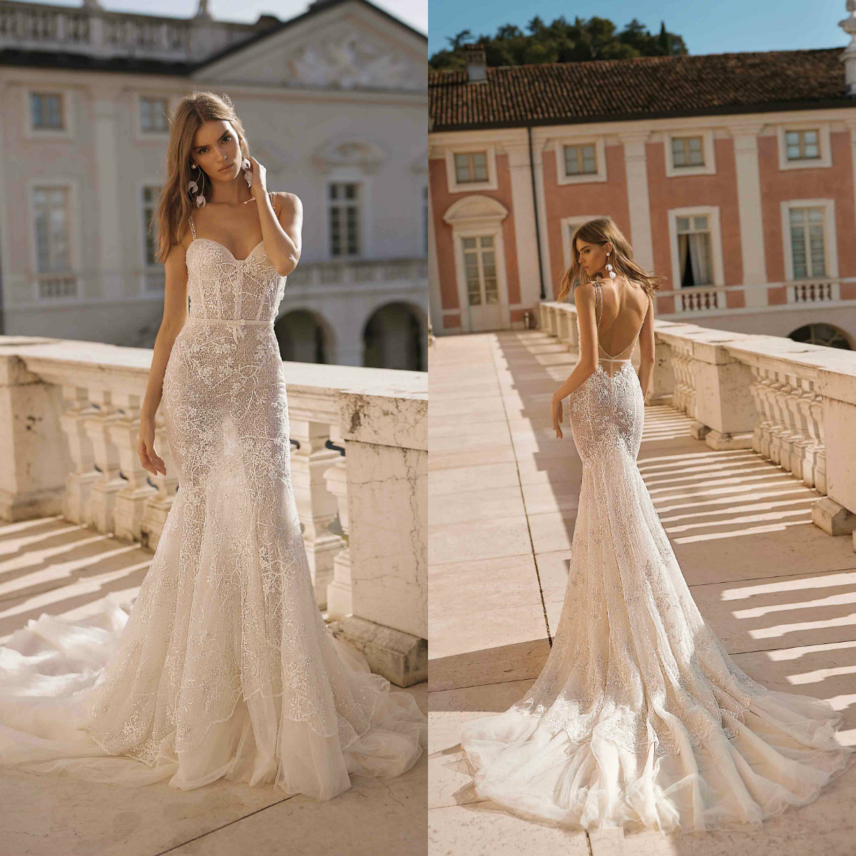 Berta Mermaid Wedding Dresses Spaghetti Lace Appliqued Sequins Bow Ruffle Backless Illusion Bridal Gowns Custom Made Vestidos De Novia