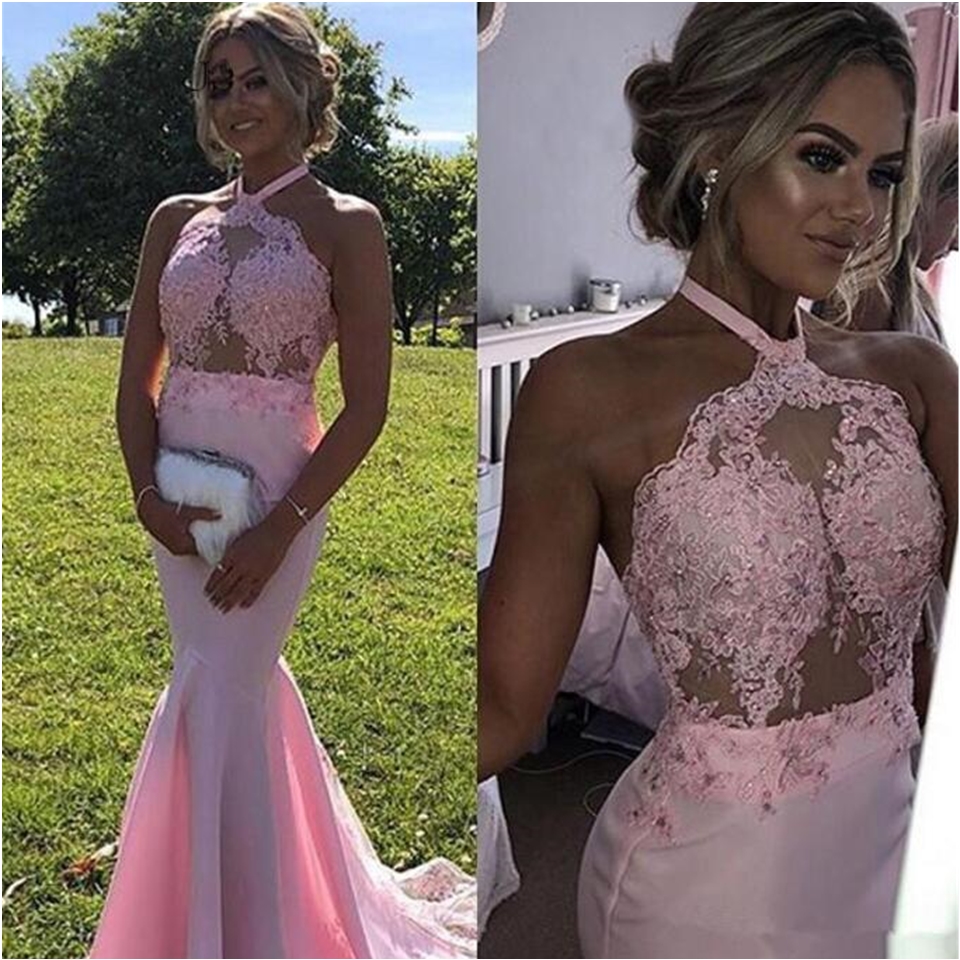 New Mermaid Pink Prom Dresses Halter Neck Appliques Beaded Sexy Party Gowns Long Satin Girls Formal Evening Dresses