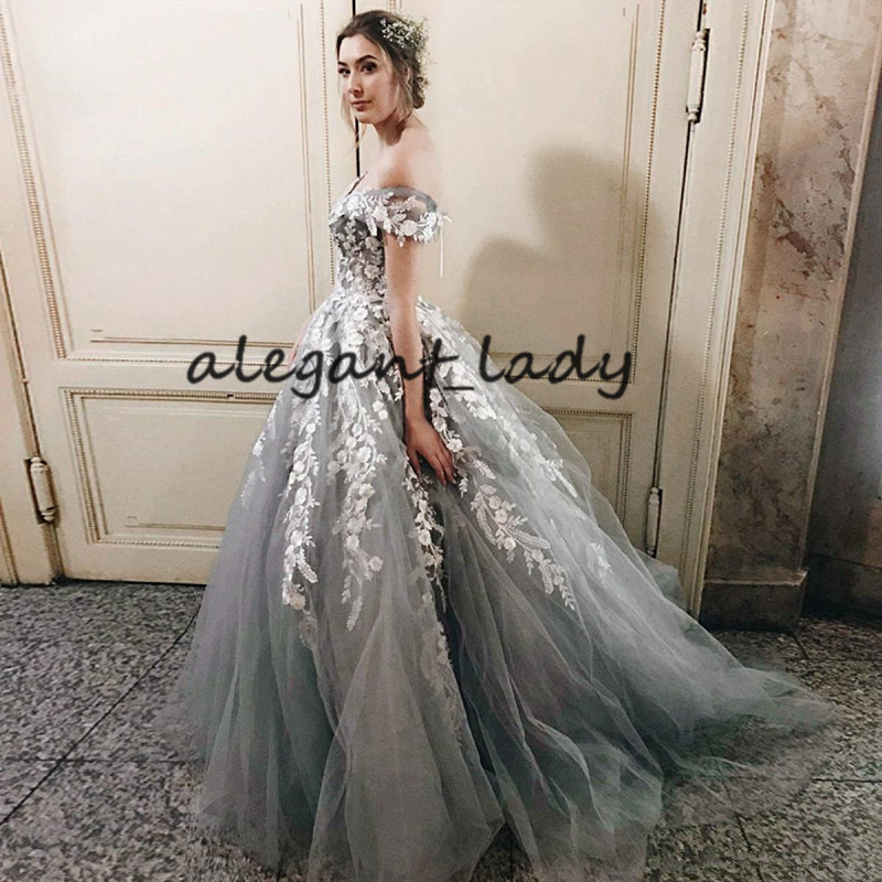 Silver Grey White Wedding Dresses 2019 Modest Off Shoulder 3D Floral Applique Puffy Skirt Dubai Arabic Princess Church Wedding Gown