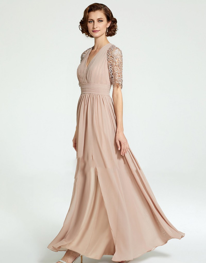 2019 Champagne Mother Of The Bride Dresses Lace Appliqued Short Sleeve Chiffon Custom Made Wedding Guest Dress Plus Size Prom Gowns