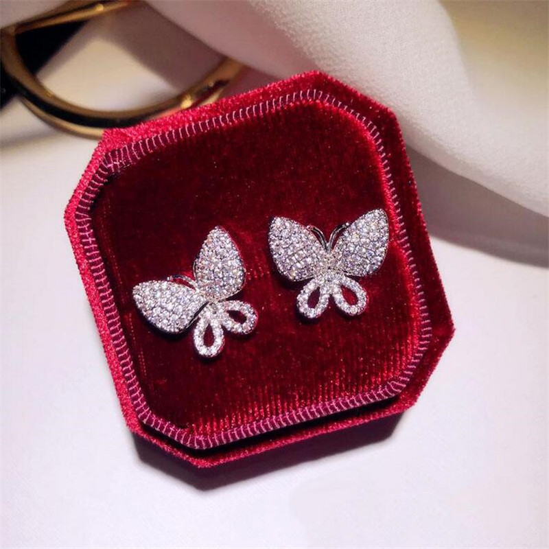 Sweet Cute Luxury Sparkling Jewelry 925 Sterling Silver Pave White Sapphire CZ Diamond Gemstones Women Butterfly Wedding Stud Earring Gift