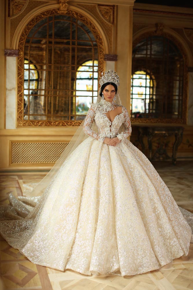 princess plus size wedding dresses high collar 3d floral appliques ball gown sweep train sparkly beading long sleeve wedding dress