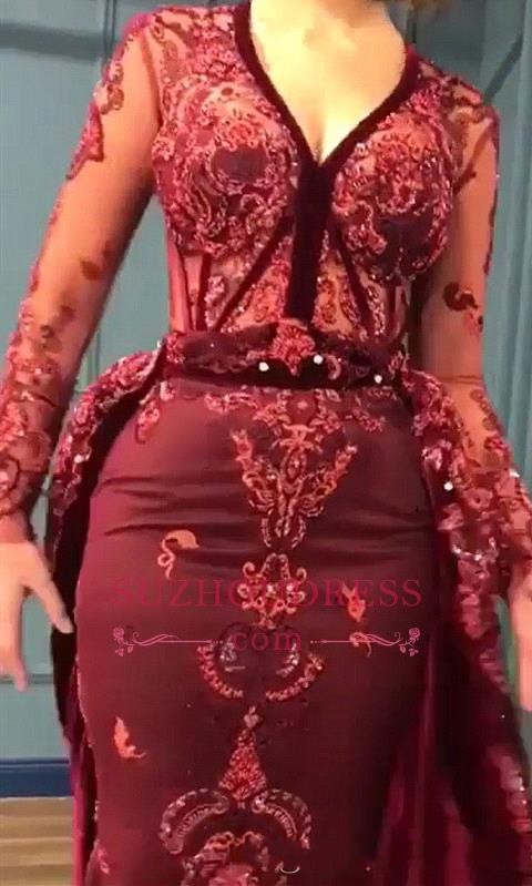 2019 Burgundy Velvet Mermaid Prom Dresses Long Sleeves Deep V Neck Lace Beads Evening Dresses Formal Women Party Gowns bc0731