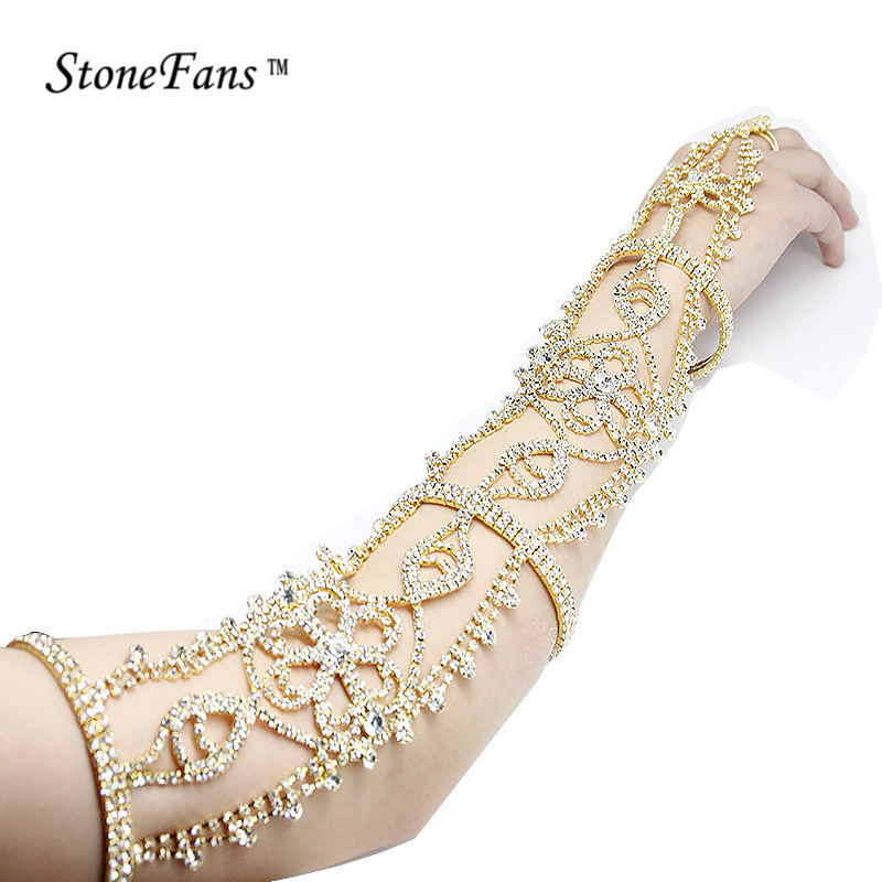 Stonefans Long Rhinestone Bracelet Crystal Upper Armband Armlet Bracelets Chain Flower Bridal Bracelets Wedding Bangles Women Y19062901