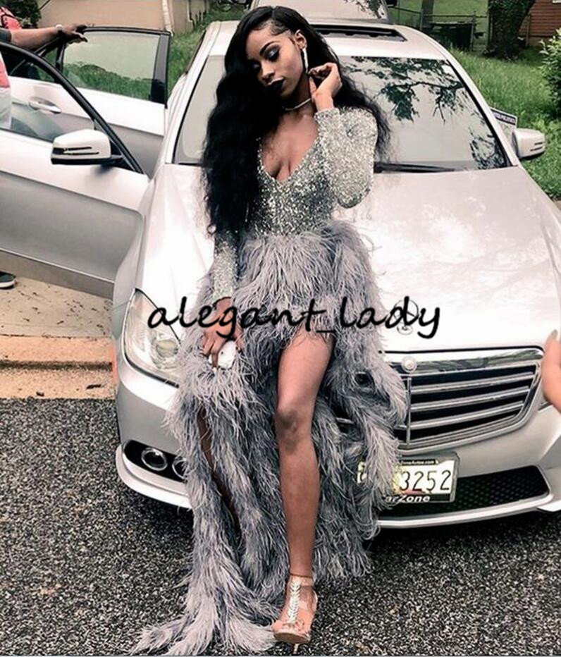 Ostrich Feather Prom Dresses A Line Long Sleeves Plunging V Neck Side Split Sparkly Evening Gowns Plus Size Formal Party Dress